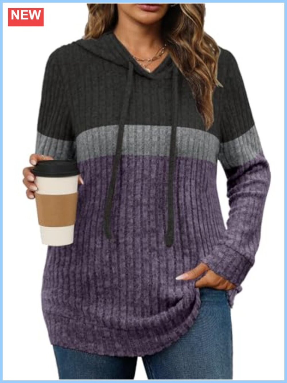 Plus Size Lightweight Hoodie Sweater Long Sleeve Ribbed Knit Tunic Top